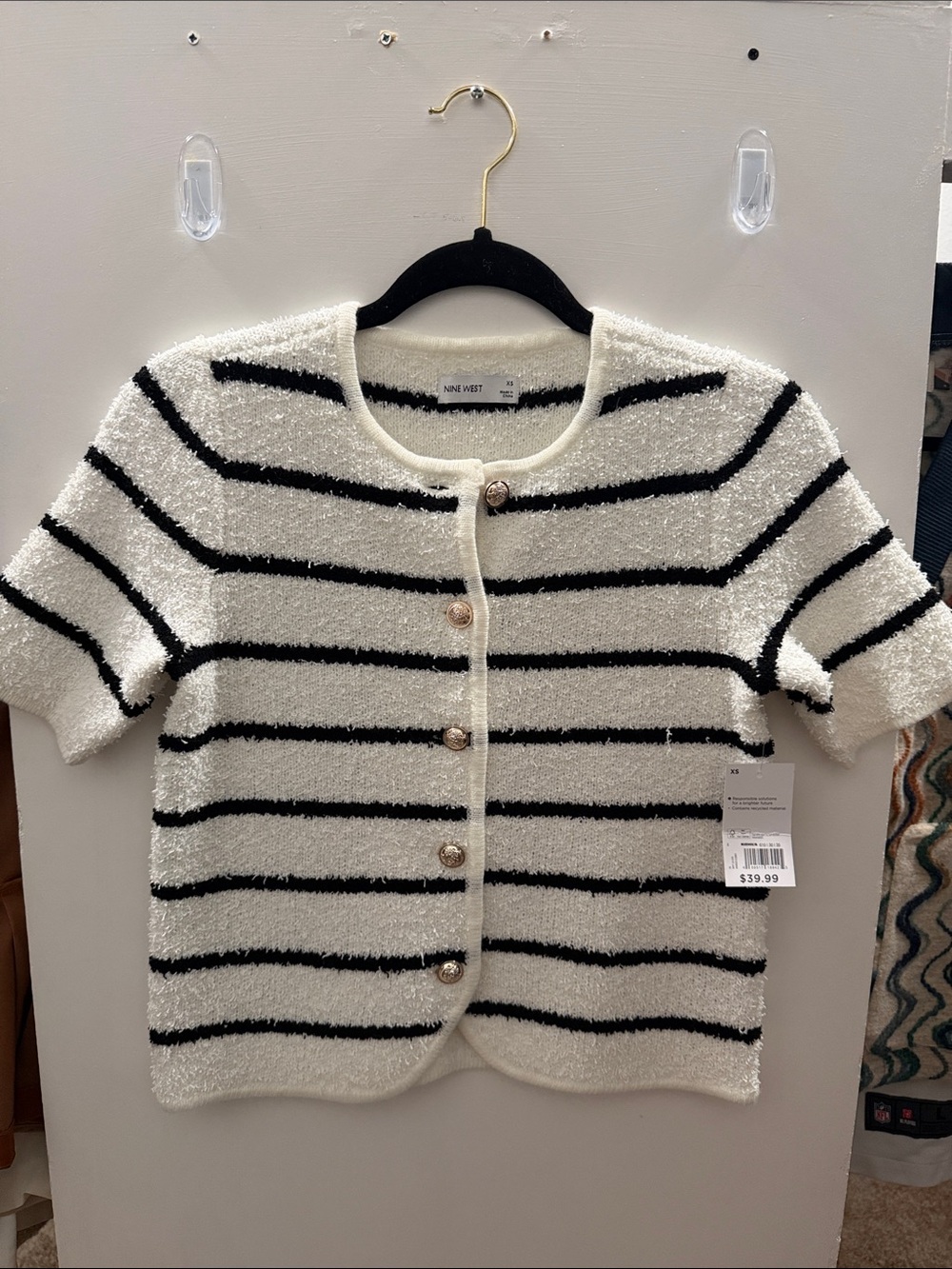 Nine West Cream and Black Striped Short Sleeve Cardigan